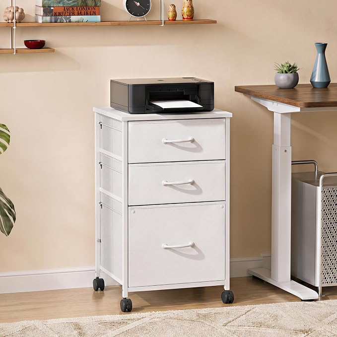 DEVAISE Mobile File Cabinet, Rolling Printer Stand with 3 Drawers, Fabric Vertical Filing Cabinet fits A4 or Letter Size for Home Office, White