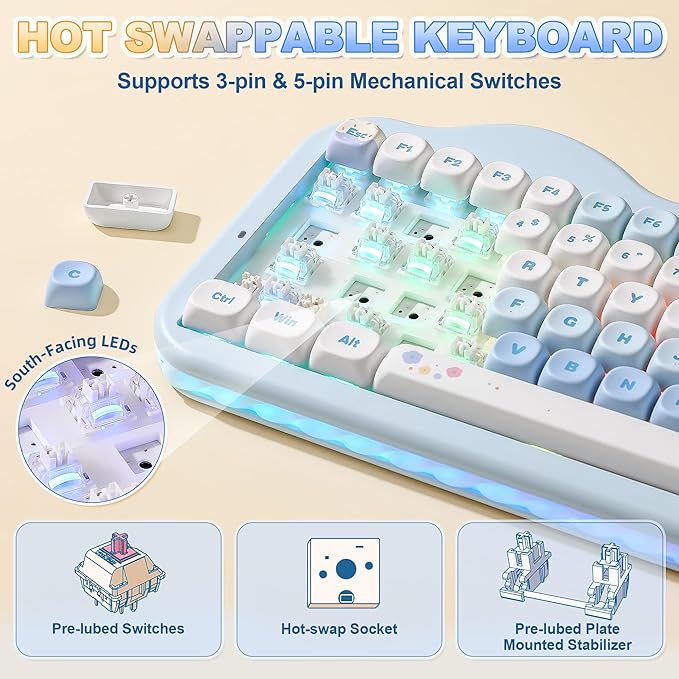 YUNZII C75 Wireless Mechanical Keyboard,75% Layout, Hot-Swappable NKRO,BT5.0/2.4G/USB-C Mode,Dye-Sub PBT MOA Keycaps,RGB Gasket Mount,Cute Cake Design for Mac/Win/Gaming (Blue, Milk V2 Switch)