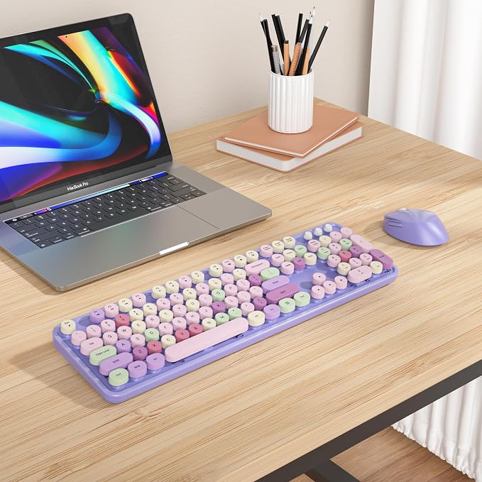 GTSP Typewriter Colorful Purple Keyboard and Mouse Wireless, 2.4GHz Full-Size Retro Cute Office Computer Keyboard with Round Keycaps for Desktop Laptop and PC (Colorful Purple)