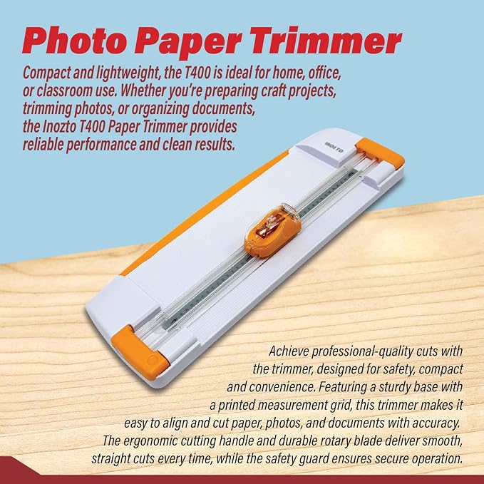 12" Portable Paper Cutter with Safety Guard for Precise Trimming of A4 Paper, cardstock & Photos. Ideal for Scrapbooking & Invitations. (Orange)