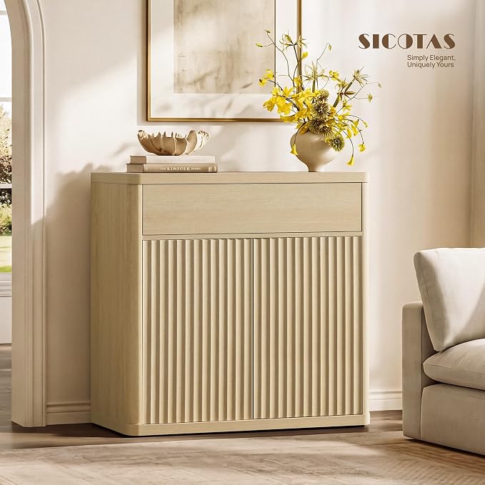 SICOTAS Buffet Cabinet with Storage - Accent Fluted Storage Cabinet with 4 Doors & 2 Drawers Sideboard Credenza Buffet Table Console Cabinets for Living Room Kitchen Dining Room Entryway Office