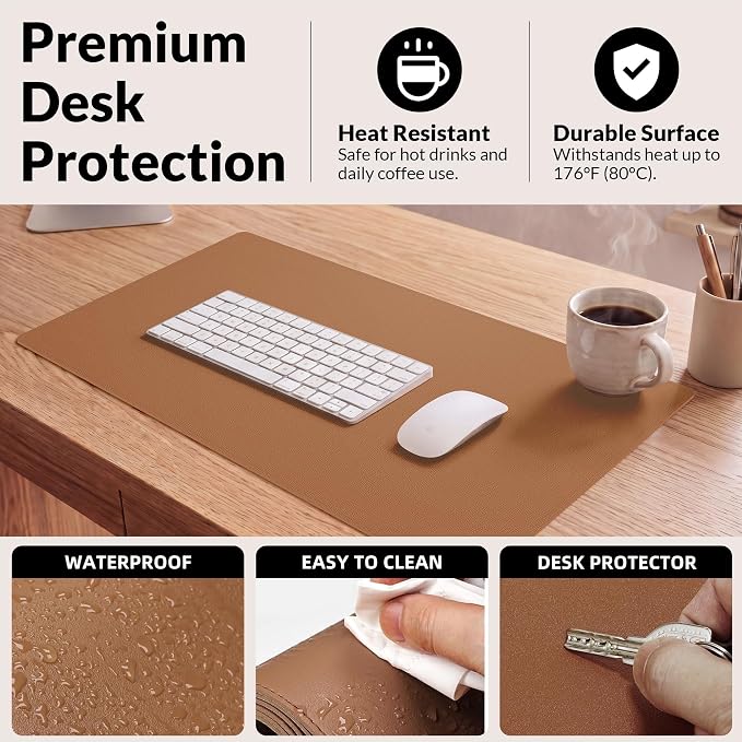 AFIING Leather Desk Mat 35.4" x 17", Brown | Dual-Sided Cork & PU Leather, Large Mouse Pad, Non-Slip & Waterproof