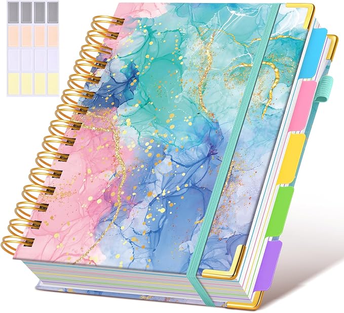 Hardcover Spiral Notebook journal with Removable Dividers Tabs, 300 Pages 5 Subject Notebook College Ruled, 100GMS Notebooks for Work School Note taking,Lined Journal for Women,A5 Pink Blue Marble
