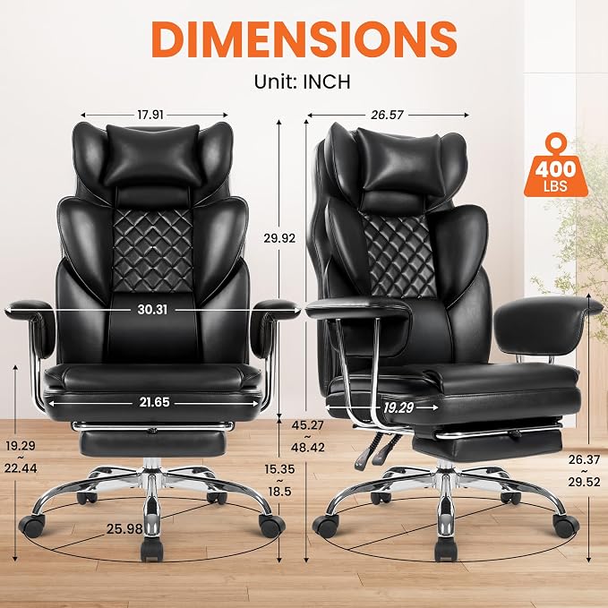 NEO CHAIR Big & Tall Leather Office Chair, High Back, Lumbar Support, Black | Gaming Chair for Adults and Computer Use, Reclining Office Chair with Foot Rest, Massage, Comfy Design and Heavy Duty Support
