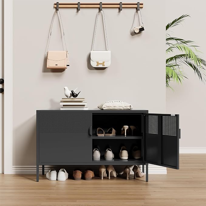 Metal Storage Cabinet,2 Door TV Stand, Metal Mesh Accent Cabinet | Magnetic Door Closure,Low Storage Cabinets with Doors and Shelf for Home,Office,Living Room