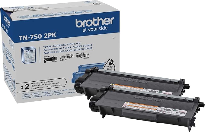 Brother Genuine High-Yield Black Toner Cartridge Twin Pack TN750 2PK (TN7502PK)