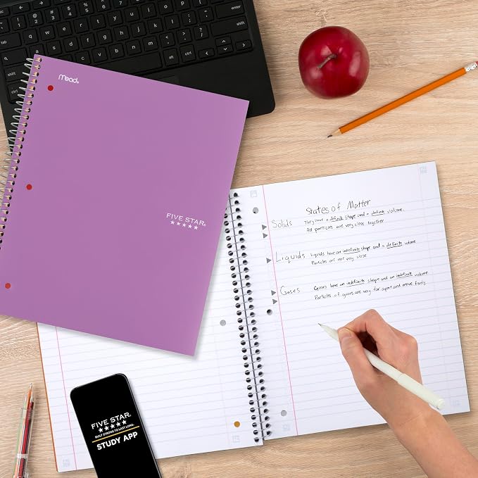 Five Star Spiral Notebook + Study App, 5 Subject, Wide Ruled Paper, 8" x 10-1/2", 200 Sheets, Fights Ink Bleed, Water Resistant Cover, Amethyst Purple (38739) (Pack of 6)