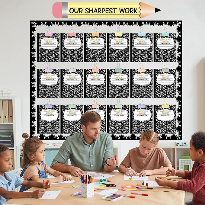 Student Work Display Bulletin Board Set Composition Notebook Classroom Decoration Inspirational Our Sharpest Work Pencil Cutouts for Back to School Classroom Chalkboard Wall Decor Teacher Supplies