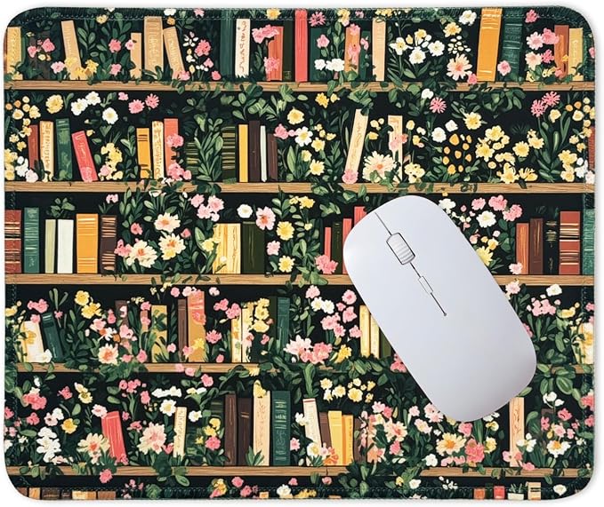 Mouse Pad for Desk with Stitched Edge, Premium Cute Washable Mouse Pads. Computer Mousepad with Non-Slip Rubber Base, Mousepads for Laptop, 9.25x7.75x0.12 inch (Bookish Blooms)