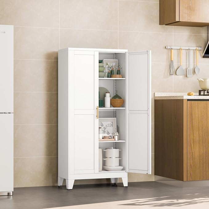 winiowa Metal Pantry Cabinet with 2 Doors and Adjustable Shelves, Kitchen Storage cabinets with Gold Handles, Versatile Storage for Laundry/Living Room,Bathroom,Dinning Room-White