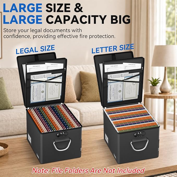 Tamfile Fireproof Document Organizer Box with Accordion File Folder,Black | 13 Transparent Pocket, Filing Storage Cabinet, Lock＆Handle, Portable Home Office Safe for Hanging Letter/Legal Folder