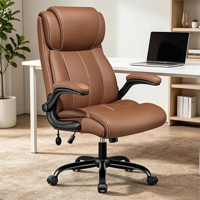 Ergonomic Office Chair, High Back Leather Executive Desk Chair | Inflatable Lumbar Support, Padded Arms for Elbow Comfort, Heavy-Duty Rocking Chair for All-Day Sitting, Plush Wide Seat Brown