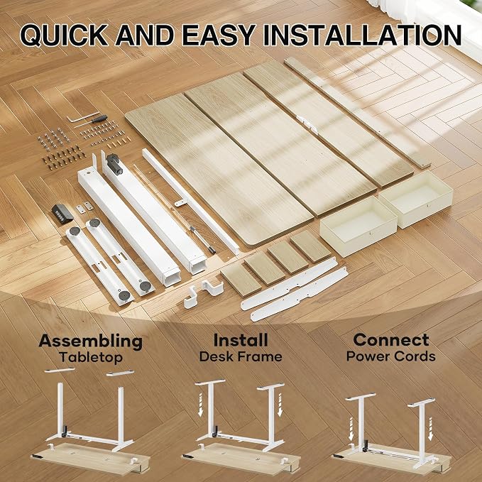 Veken 47x28 in Electric Standing Desk with Drawers, Adjustable Table, Wood | Stand up Computer Desk for Home Office, Work & Study, with Storage, 3 Memory Presets, Cable Organizer, Hook, and Quiet Lift.