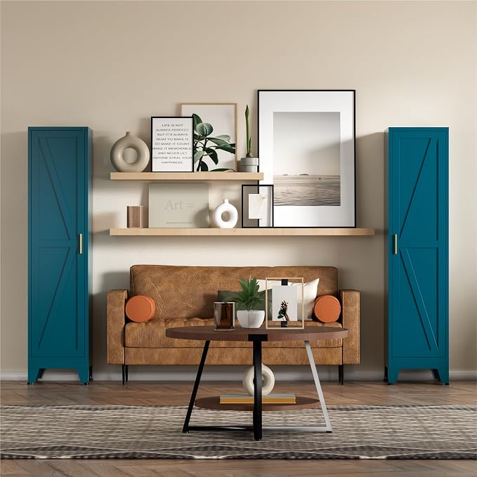 COFaR Tall Bathroom Cabinet, Metal Farmhouse Narrow Slim Storage Cabinet with Adjustable Shelves Barn Door for Bathrooms, Kitchens, Entrances Living Room (Blue)