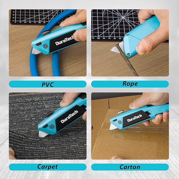 DURATECH Auto-Loading Utility Knife, Heavy Duty Retractable Box Cutter with 6 Preloaded SK5 Blades, Quick-Change Razor Knife with Comfortable Handle for Cardboard, Carpet, Rope, DIY