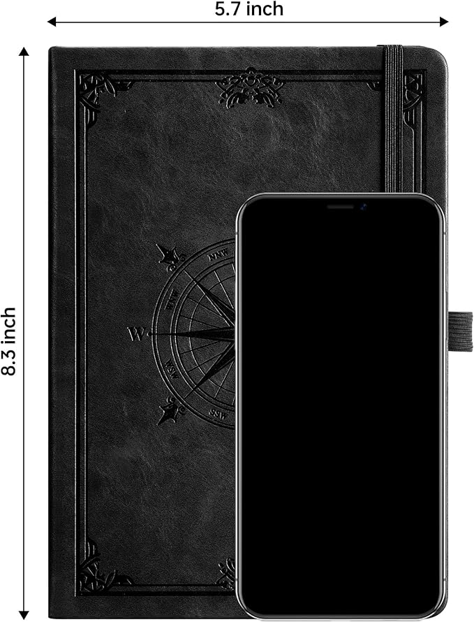 AHGXG Graph Grid Paper Notebook, 192 Pages, A5 Medium Size (5.7'' x 8.3'') | 5 Squares per Inch, Leather Hardcover, 100 GSM Thick Paper, for School, Students, Math, Engineering (Black)