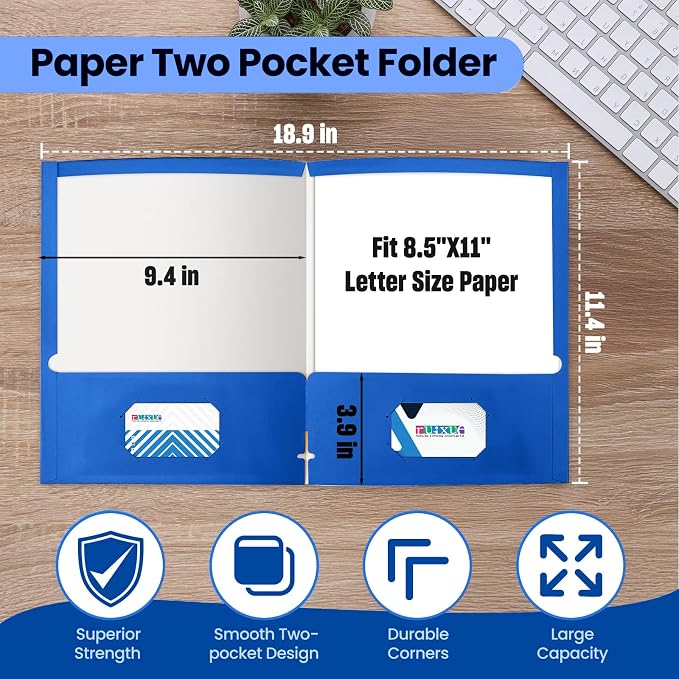 BIBRADAA® 100 Packs Blue Paper Folders with Pockets,2 Pocket Folders Bulk Surface Waterproofing,Letter Size,Holds 100 Plus Sheets,for School,Office,Business. (100, Dark Blue)
