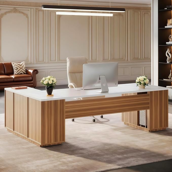 Tribesigns 85.8" L-Shaped Executive Desk, Extra Large Office Desk with File Drawers, Modern Business Furniture, Computer Desk Workstation with Door Cabinet, Shelves for Home Office, White & Brown