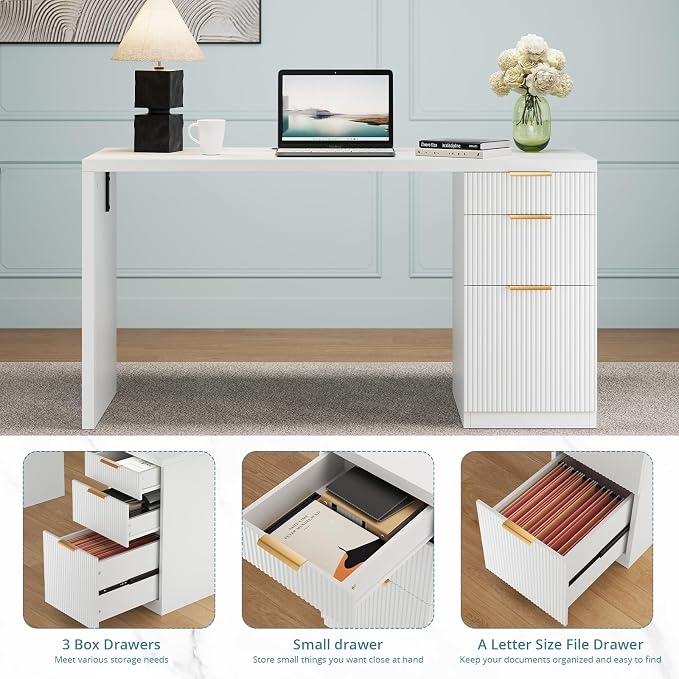 FURSUN 58" Modern Executive Desk with Storage, Home Office Desk with Drawer & Cabinet, Wooden Fluted Desk for Study, Living Room, Bedroom, White