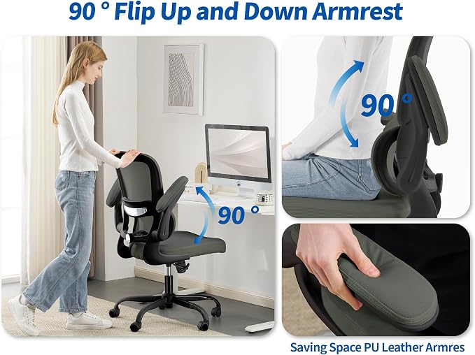 TRALT Ergonomic Office Chair Desk Chair with Adjustable Lumbar Support | Desk Chair Comfy with Flip-up Armrests Ergonomic Chair - Mesh Computer Chairs for Adults, 330lbs, PU Leather (Dark Green, 1)