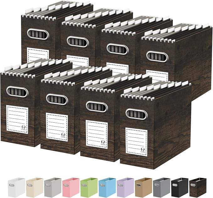 Portable Collapsible Cardboard File Box with Handle for Letter-Size | 8-Pack. Stainless Steel Handle. Label Stickers Included. Fits Letter Folders (Not Included). Home, Office, School, Dorm, Tax.