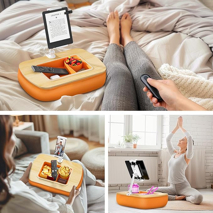 Tablet Pillow Stand for Lap Use with Snack Bowl and 360° Rotating Arm, Adjustable iPad Holder for Bed, Couch, and Recliner, Compatible with 4.7"-13" Kindle, iPad, Tablet, Phone,Orange