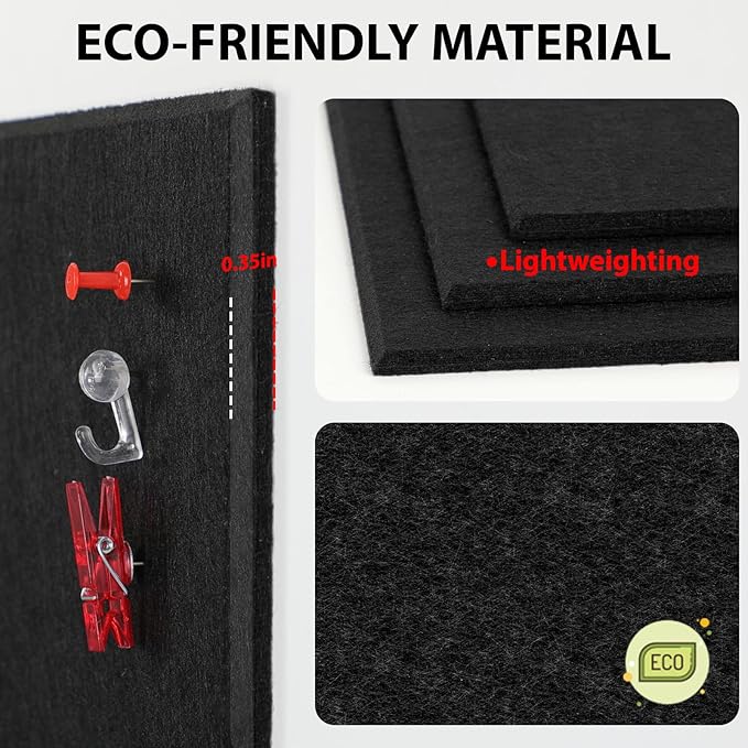 Large Cork Boards for Walls 48"x36", 12 Pack Felt Wall Tiles with 60 Pushpins，50 Safe Removable Adhesive Tabs, 10 Hooks and Clips, Black Bulletin Board, Felt Board Pin Board Tack Board for Office