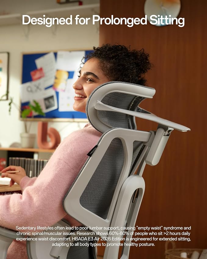 Hbada E3 Air 2026 Ergonomic Office Chair, 3-Zone Lumbar Support, Comfy Home Office Chair with Auto Recline, 4D Headrest & Armrests, 140° Tilt for Work & Relax, Grey