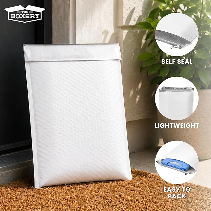 The Boxery 7.25x12" #1 Poly Bubble Mailers 100 Pack, Padded Envelopes, Self Seal, Waterproof Shipping Bags for Shipping & Packaging