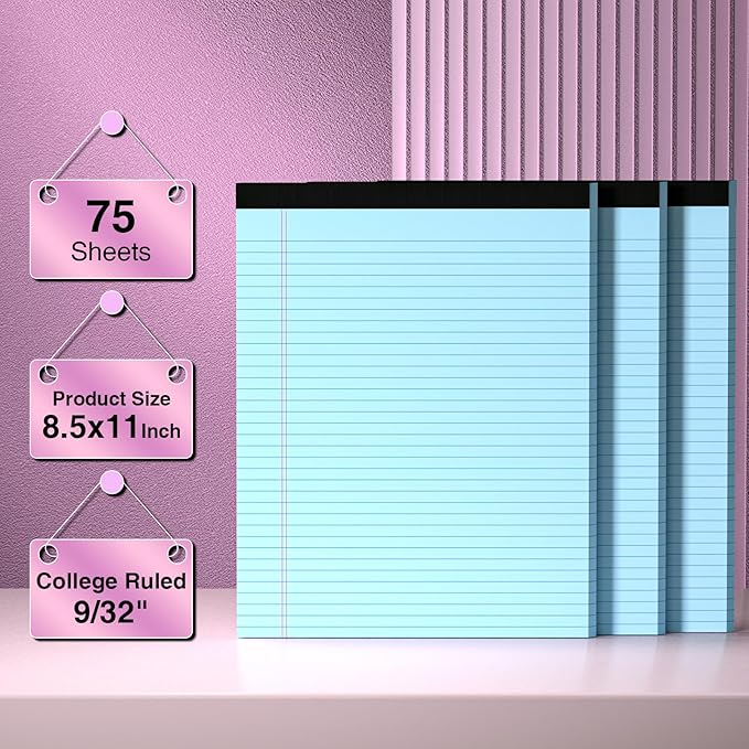 3 Pcs Legal Pads 8.5 x 11 Blue Note Pads 8.5 x 11 Notepad Total 75 Sheets, Micro Perforated Writing Pads Color Lined Paper College Ruled Pad of Paper Notebook To-Do List for School & Office Supplies