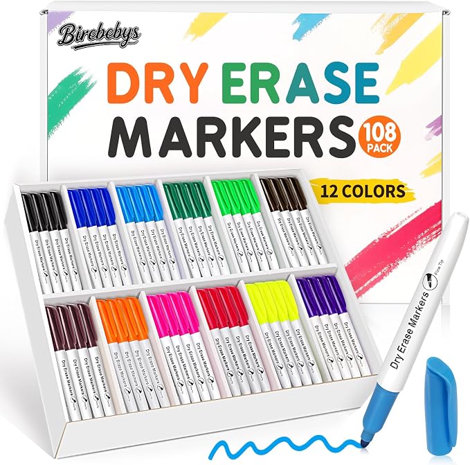 108 Count Dry Erase Markers Bulk, Fine Tip Whiteboard Markers in 12 Colors | Low Odor Ink, Quick-Dry, Non-Toxic, Smooth Writing, Office, Classroom, Back to School Supplies