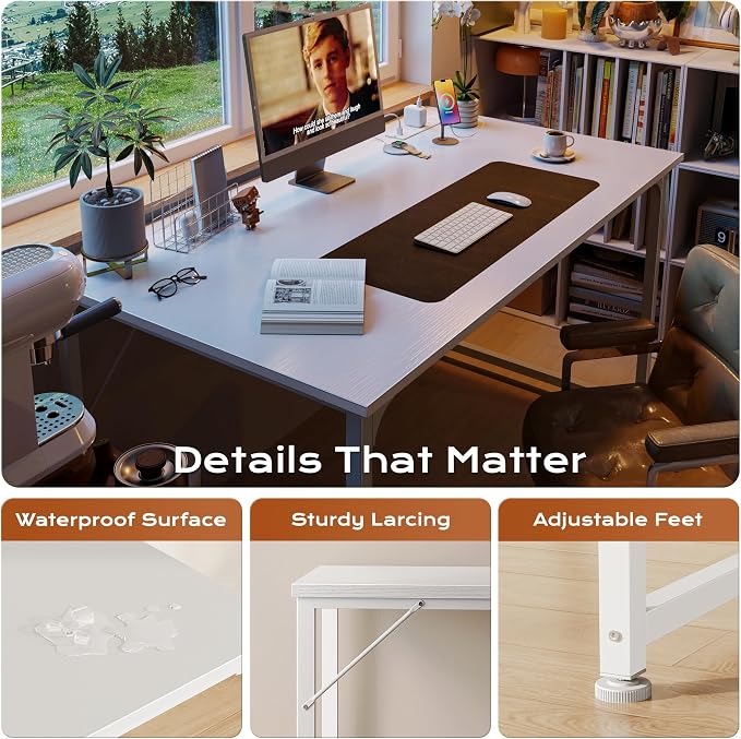47 X 24 Inch Deeper Desk with Power Outlets | Computer Desk for Bedroom, Office Desk for Work from Home, Writing Study Gaming Table, Stable Metal Frame, White