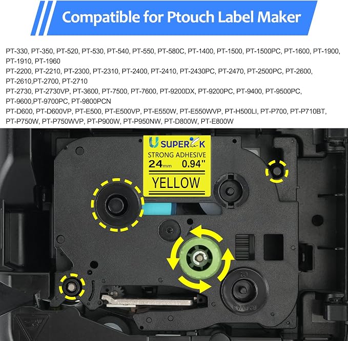 5PK Compatible for Ptouch TZe-S651 TZ-S651 TZ-651 TZe-651 24mm 1'' Laminated Black on Yellow Extra Strength Label Tape for PT-D600 D600VP P700 P710BT P750W E550W Label Maker