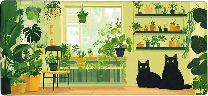 Cute Anime Black Cat Gaming Mouse Pad, Green Yellow Urban Jungle Desk Mat with Anti-Slip Base & Stitched Edges, Office & Home Desk Decor for Women, 35.4" x 15.7" in Computer Desktop Mat