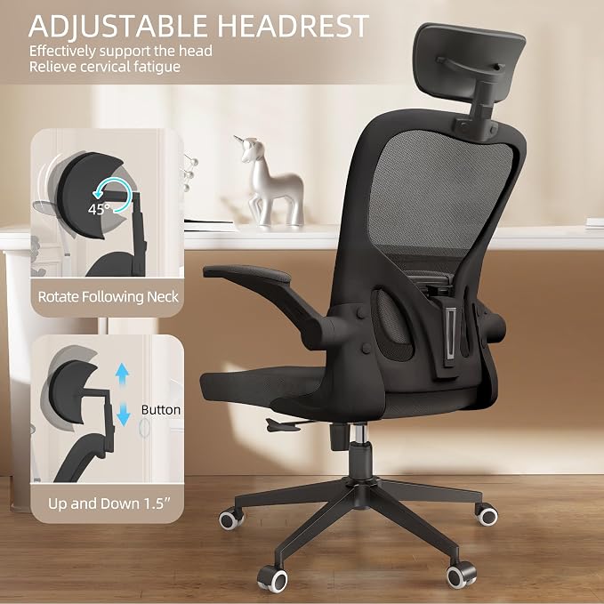 Monhey Office Chair Ergonomic Desk Chair with Lumbar Support&Headrest&Flip-up Arms Height Adjustable Rocking Swivel High Computer Chair Multi-Angle from 90° to 125° with 350LBS Capacity (03All Black)