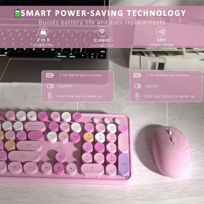 Links9+ Colorful Wireless Keyboard and Mouse Combo (Pink Colorful) | Full-Size Retro Typewriter Style Keyboard with Vintage Round Keycaps, 2.4G Wireless Set for Windows, Mac, Laptop, PC, Tablet