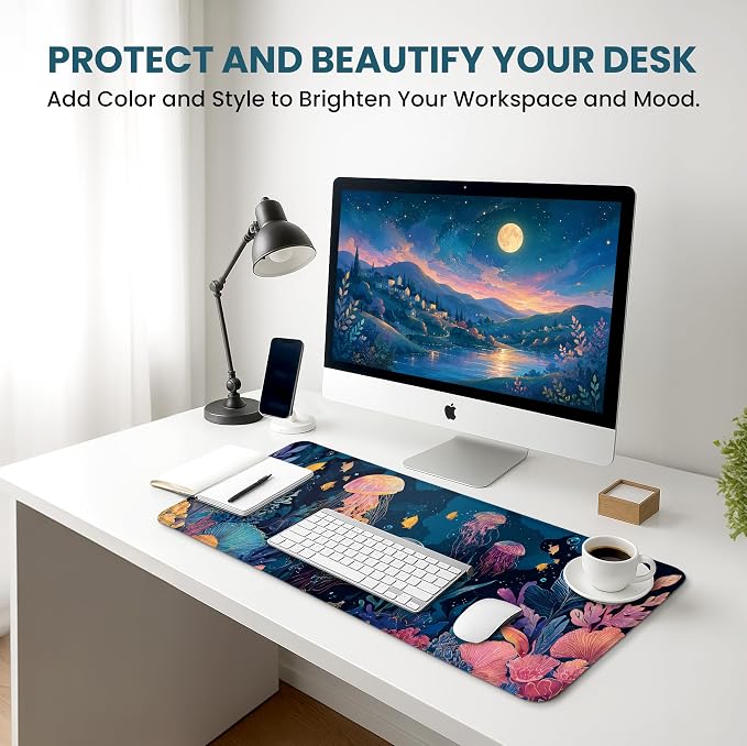 Aesthetic Desk Mat, Cute Ocean Jellyfish Desk Pad Protector for Work & Decor, 35.4" x 15.7", Pretty Non-Slip Extended Mouse Pad for Office or Home