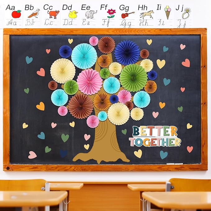 62 Pcs Boho Tree Bulletin Board Set for Spring Classroom 3D Tree Bulletin Board DIY Paper Fans Heart Cutouts Better Together Wall Decor for Home School Classroom Teacher Chalkboards Supplies