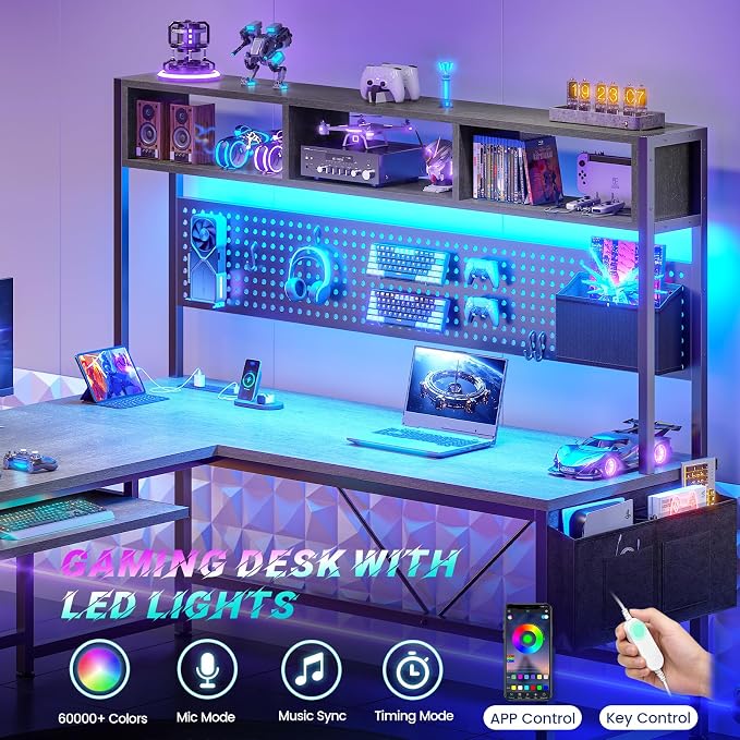SEDETA L Shaped Office Desk with Hutch, Reversible 94.5" Computer Desk | L Shaped Gaming Desk with LED Light, Keyboard Tray, Storage Shelves and Headphone Hook for Home Office, Grey
