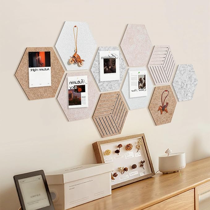 Large Felt Bulletin Cork Board Tiles for Office 15 x 13 inch, 10Pcs | Fully Self Adhesive Backing, 1300 g/m² High-Density Felt Hex Corkboards for Wall, Frameless, Peel & Stick, Modern, Decorative