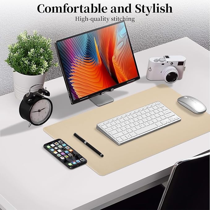 Beige Leather Desk Pad Large Mouse Pad, 23.6"x13.8" | Waterproof Desk Mat for Keyboard and Mouse, Non-Slip Computer Desk Protector, Smooth Mouse Control for Home Office
