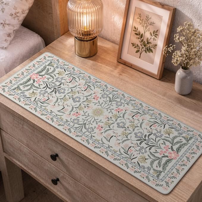 iCasso Aesthetic Desk Mat,31.5x11.8in Mouse Pads, Gray Floral | Anti-Slip Mousepad with Stitched Edges, Waterproof Computer Pad, Desk Accessories Office Decor for Women