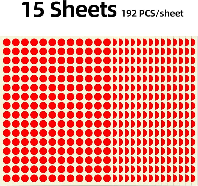 3/8" Small Colored Dot Stickers 2880 PCS Round Circle Stickers Tiny Red Coding Labels Mini Sticker for Office,Classroom (Red, 3/8" (10 mm))