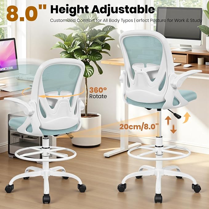 Drafting Chair Tall Office Chair with Flip-up Armrests Executive Ergonomic Computer Standing Desk Chair with Lumbar Support and Adjustable Footrest Ring（Light Blue）