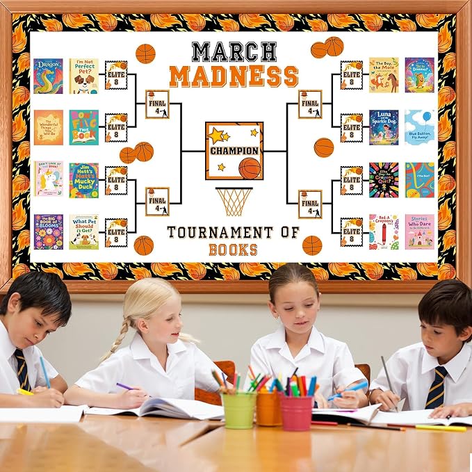 Basketball Tournament Bracket Bulletin Board Set Madness Basketball Tournament of Books Classroom Decoration Reading Themed Paper Cutouts for Back to School Bulletin Board Nursery Door Decor Supplies