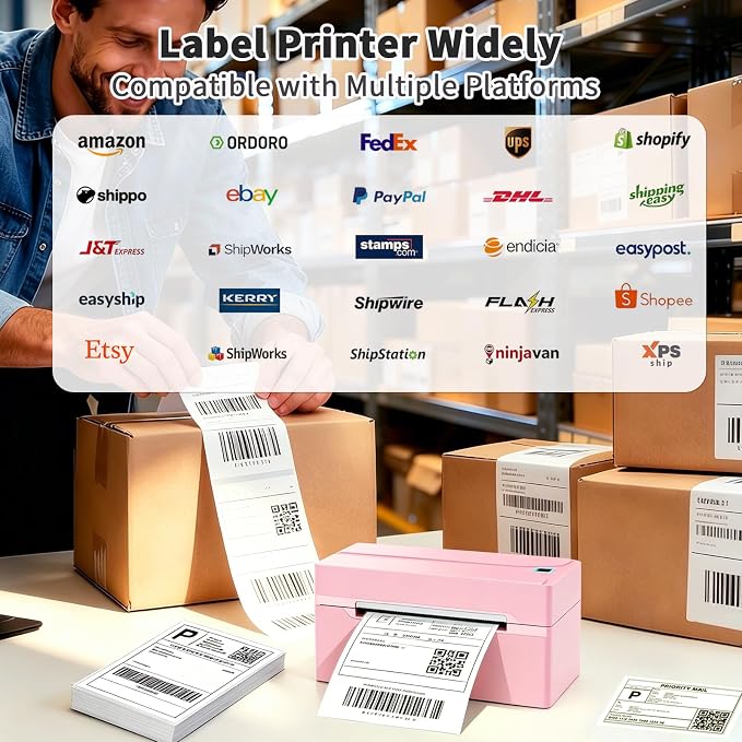 Bluetooth Thermal Label Printer,4x6 Shipping Label Printer | Wireless Label Printer for Small Business and Shipping Package, Compatible with iPhone, Android, Shopify, Amazon, USPS, Pink