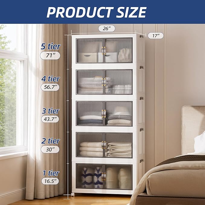 SAILUN 580Qt Stackable Storage Bins,Storage Cabinet Drawer with a Lid,White | Stackable Storage Drawers with Lids,26" W x 17" D x 71" H,Featuring open-front Access for Closet Storage