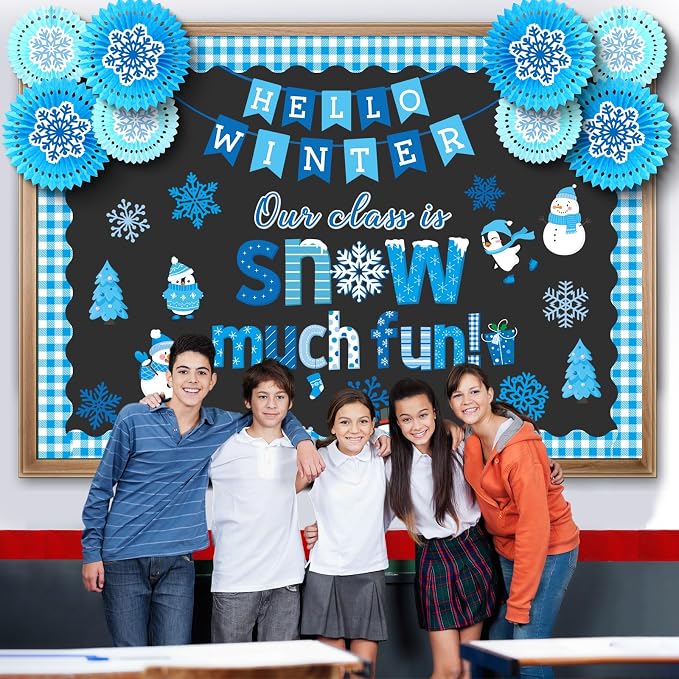 79 Pcs Winter Bulletin Board Set with 3D Paper Fans | Winter Classroom Decorations, Hello Winter Snowman Snowflake Xmas Tree Cutouts, Winter Christmas Holiday School Home Decor