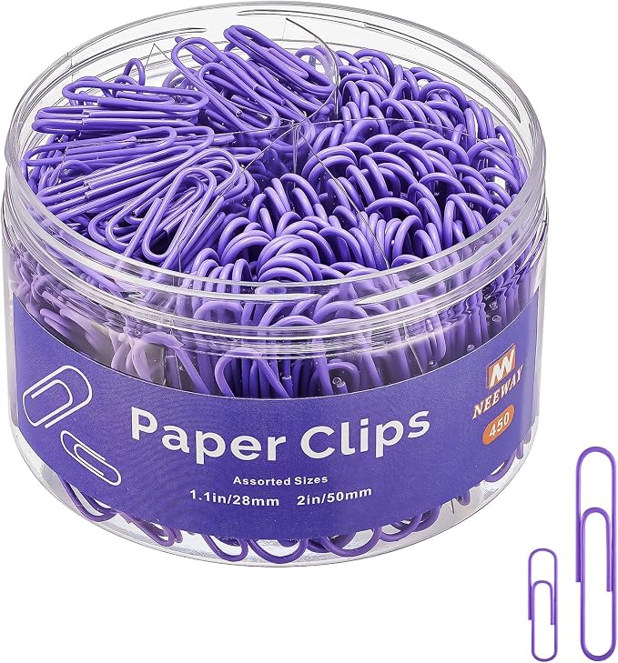 NEEWAY 450pcs Paper Clips Assorted Sizes, Small and Large Paper Clips (1.1 inch, 2 inch), Coated Paperclips for Office School Document Organizing (Purple)