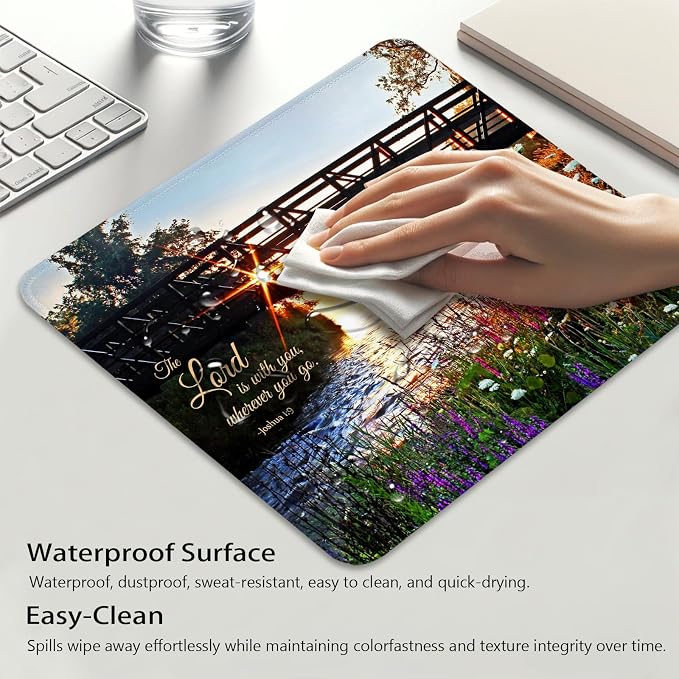 The Lord is with You Wherever You Go Mouse Pad, Christian Quote Desk Mat | Sunshine Glow Through Bridge & Wildflowers, Joshua 1:9, Inspirational Bible Verse Scripture, Stitched Mousepad 9.5 x 7.9 Inch